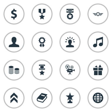 Vektör çizim basit ödül simgeler kümesi. Öğeleri para birimi, dünya, hediye ve diğer eş anlamlı kitap, dolar ve üye.