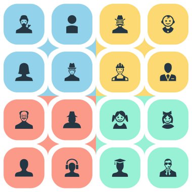 Vektör çizim basit insan simgeler kümesi. Öğeleri yüksek lisans, gizemli adam, genç tıraş makinesi ve diğer eş anlamlı güvenlik bıyık ve emekçi.