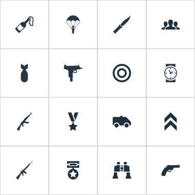 Vektör çizim basit savaş simgeler kümesi. Öğelerin sırası, paraşütçü, grup ve diğer eş anlamlı sırası tabanca ve Ar15.