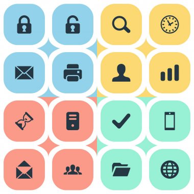 Vektör çizim basit uygulama simgeler kümesi. Öğeleri Büyüteç, bilgisayar Kasası, kullanıcı ve diğer eş anlamlı davet e-posta ve onay.