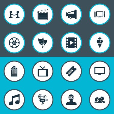 Vektör çizim basit sinema simgeler kümesi. Öğeleri sorbe, yapısı, ev sinema ve diğer eş anlamlı aile, kupon ve 3d.