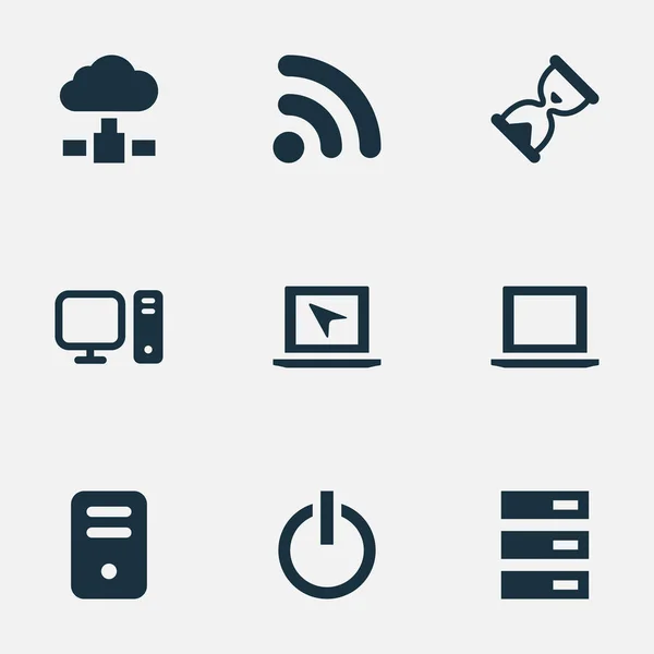 Vector Illustration Set of Simple Computer Icons. Centro de datos de los elementos, ordenador portátil, memoria y otros sinónimos Datos, onda y hardware . — Vector de stock