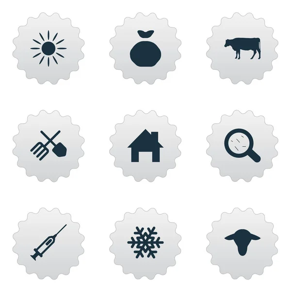 Vector Illustration Set Of Simple Agricultural Icons. Elements Horticulture Equipment, Cow, Snowflake And Other Synonyms House, Ranch And Storage. — Stock Vector