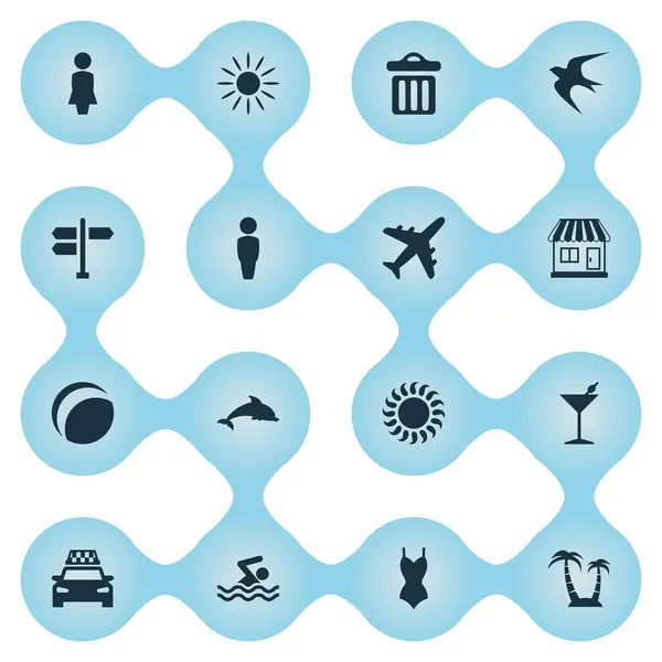 Vektor Illustration uppsättning enkel Seaside ikoner. Element flygplan, Taxi, varma och andra synonymer Beach, sopor och Måsen. — Stock vektor