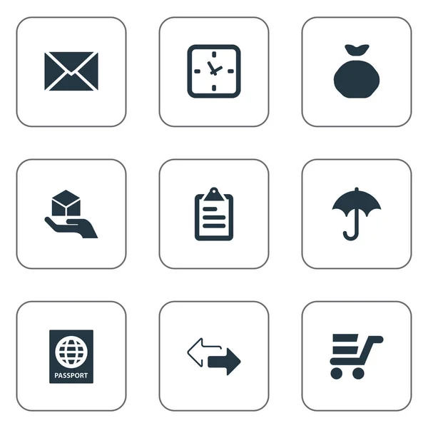 Illustration vectorielle Ensemble d'icônes de distribution simples. Éléments Holdall, Pushcart, directions opposées et autres synonymes Flèche, message et temps . — Image vectorielle