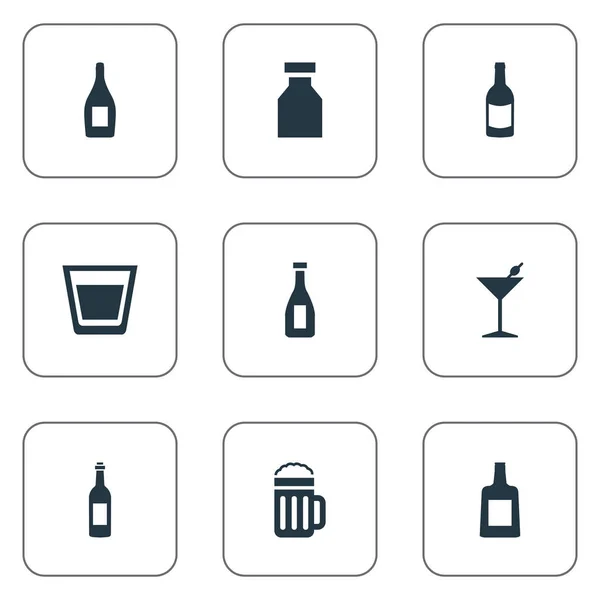 Vektor Illustration Set von einfachen Getränken Symbole. Elemente Martini, Getränke, Fläschchen und andere Synonyme Drogen, Whisky und Flasche. — Stockvektor