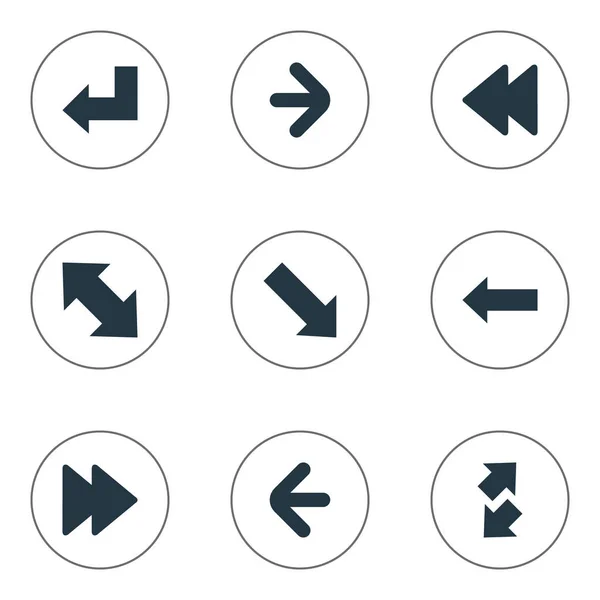 Illustrazione vettoriale Set di semplici frecce icone. Elementi Raise-Fall, Freccia inclinata, Indicazione sinistra e altre sinonimi in basso a destra, sinistra e in avanti . — Vettoriale Stock