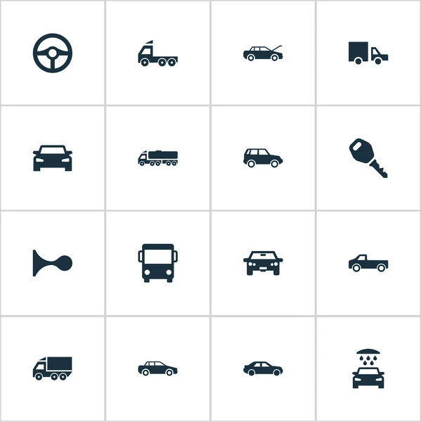 Conjunto de ilustración vectorial de iconos de automóviles simples. Elementos Volante, Autobús turístico, Parada de camiones y otros sinónimos Carga, público y volante . — Vector de stock