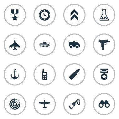 Vektör çizim basit terör simgeler kümesi. Öğeleri ağır silah, teleskop, kimya ve diğer eş anlamlı Radar, kimya ve radyo.