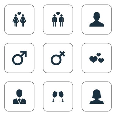 Vektör çizim basit Çift simgeler kümesi. Öğeleri erkek, bardağı, avukat ve diğer eş anlamlı eş, erkek ve kadın.