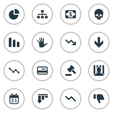 Vektör çizim basit çıkmaz simgeler kümesi. Öğeleri kafa kemik, cezaevi, aşağıya doğru ve diğer eş anlamlı iş, başparmak ve kredi.