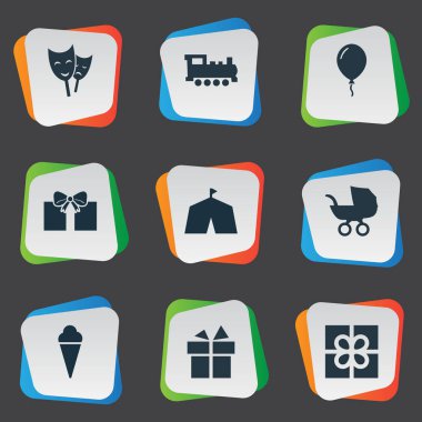 Vektör çizim basit tatil simgeler kümesi. Öğeleri Aerostat, tren, tatlı tatlı ve diğer eş anlamlı şerit, sirk ve maske.