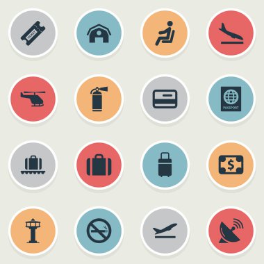 Vektör çizim basit ulaşım simgeler kümesi. Öğeleri sertifika vatandaşlık, garaj, Alighting uçak ve diğer eş anlamlı koruma, sinek ve plastik.