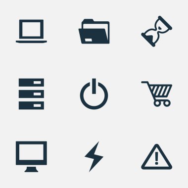 Vektör çizim basit defter simgeler kümesi. Öğeleri Laptop, dosyası, uyarı ve diğer eş alışveriş, başlangıç ve kum saati.