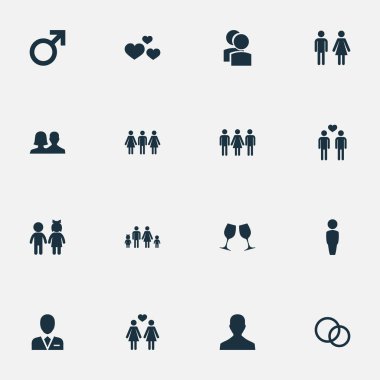 Vektör çizim basit Çift simgeler kümesi. Öğeleri çocuklar, Eşcinsel, soy ve diğer eş anlamlı adam, insanlar ve dostlar.