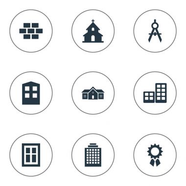 Vektör çizim basit mimarisi simgeler kümesi. Elemanları inşaat, ev ve ofis camlı, oluşturmuş ve diğer eş anlamlı İnşaat.