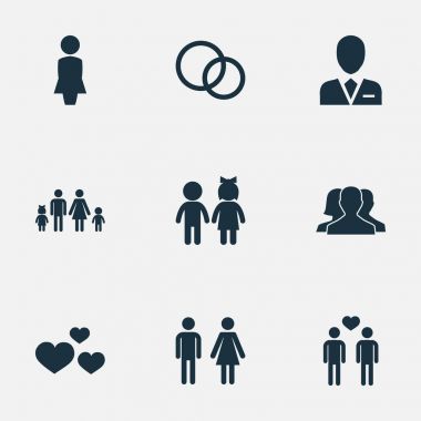 Vektör çizim basit severler simgeler kümesi. Öğeleri Madam, geçiyoruz evlilik, soy ve diğer eş anlamlı çift homoseksüel ve kadın.