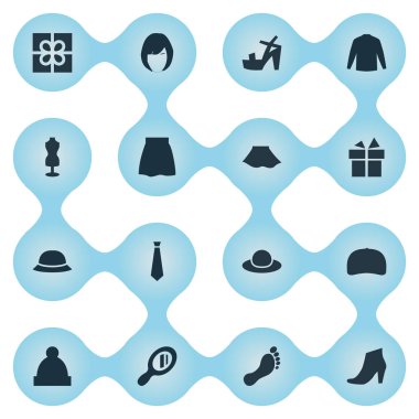 Vektör çizim basit elbise simgeler kümesi. Öğeleri şık şapkalar, kravat, bugünü ve diğer eş anlamlı ayak izi, ayna ve pon pon.