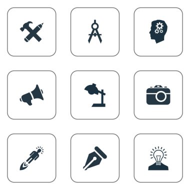 Vektör çizim basit yaratıcı düşünme simgeler kümesi. Öğeleri yaratıcı, girişimci, fotoğraf aracı ve diğer eş anlamlı kalem ampul ve pusula.