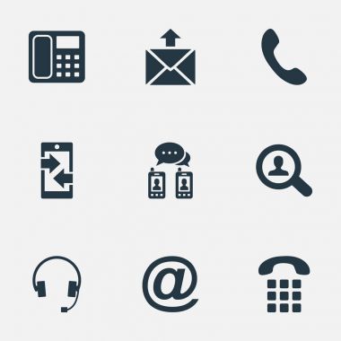 Vektör çizim basit iletişim simgeler kümesi. Öğeleri iletişim, ev telefonu, telefon santral ve diğer eş anlamlı kulaklık giden ve posta.
