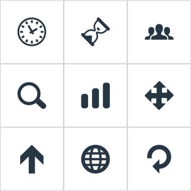 Vektör çizim basit uygulama simgeler kümesi. Öğeleri topluluk, oklar, Büyüteç'i ve diğer eş anlamlı Küre, Zoom ve ok.