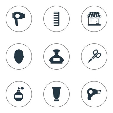 Vektör çizim basit Kuaför simgeler kümesi. Öğeleri kesme aracı, süpermarket, insan ve diğer eş anlamlı adam, makas ve tüp.