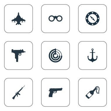 Vektör çizim basit savaş simgeler kümesi. Öğeleri ateşli silah, alan gözlük, radyo Konumlandırıcı ve diğer eş anlamlı avcı, pusula ve Radar.