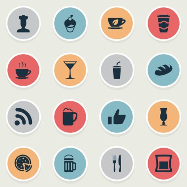 Vektör çizim basit gıda simgeler kümesi. Öğeleri çay, biberli, ekmek ve diğer eş anlamlı gereçler, gibi ve paket servisi olan Restoran.