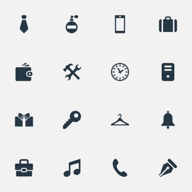 Vektör çizim basit aksesuarları simgeler kümesi. Öğeleri yüzük, kravat, müzik ve diğer eş anlamlı giysileri de düzenlendi ve izle.