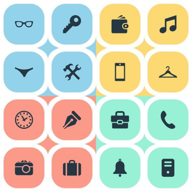 Vektör çizim basit araç simgeler kümesi. Öğeleri parola, mürekkep kalem, iç çamaşırı ve diğer eş anlamlı mürekkep, iç giyim ve çanta.