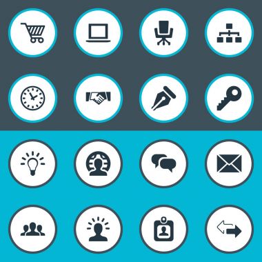 Vektör illüstrasyon iş basit simgeler kümesi. Öğeleri üye, sohbet, iş koltuk ve diğer eş anlamlı mürekkep ve rozeti.