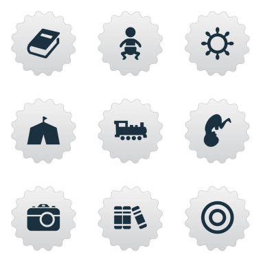 Vektör çizim basit bebek simgeler kümesi. Öğeleri çadır, tren, yönetim kurulu ve diğer eş yaptırın, göstermek ve çocuk.