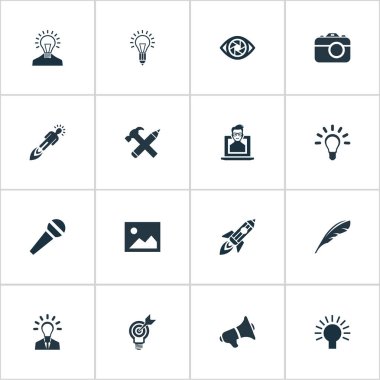 Basit görsel sanat kümesi illüstrasyon vektör simgeler. Öğeleri ampul, konsantrasyon, kalem ve diğer eş anlamlı yaratıcılık, ampul ve mikrofon.