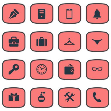 Vektör çizim basit aksesuarları simgeler kümesi. Öğeleri gözlük, parola, hediye ve diğer eş anlamlı aygıt telefon ve aracı.