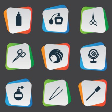 Vektör çizim basit güzellik simgeler kümesi. Öğeleri güzellik, kirpik fırça, parfüm ve diğer eş püskürtücü, güzel ve Aroma.