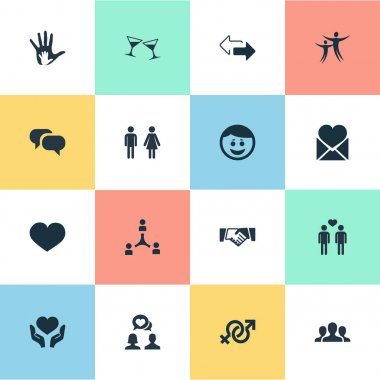 Vektör çizim basit arkadaşları simgeler kümesi. Öğeleri dedikodu, yararlı, dostluk ve diğer eş anlamlı farklılık, oklar ve içecek.