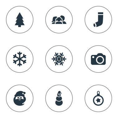 Vektör çizim basit kutlama simgeler kümesi. Öğeleri buz adam, orman, Ağaç oyuncak ve diğer eş anlamlı kar tanesi karlı ve halk.