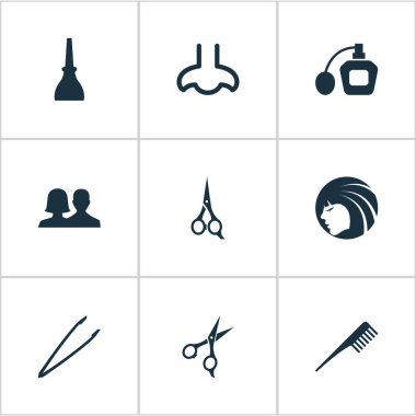 Vektör çizim basit güzellik simgeler kümesi. Öğeleri Kuaför aracı, koku, müşteriler ve diğer eş anlamlı Perume koku ve Lehçe.