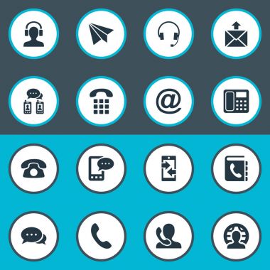 Vektör çizim basit iletişim simgeler kümesi. Öğeleri telefon, kulaklık, telefon rehberi ve diğer eş e-posta, kulaklık ve telefon.