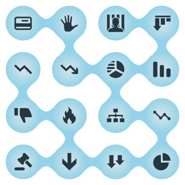 Vektör çizim basit sorun simgeler kümesi. Öğeleri Mahkemesi, çizgi grafiği, yangın ve diğer eş anlamlı okları, pasta ve aşağı doğru.