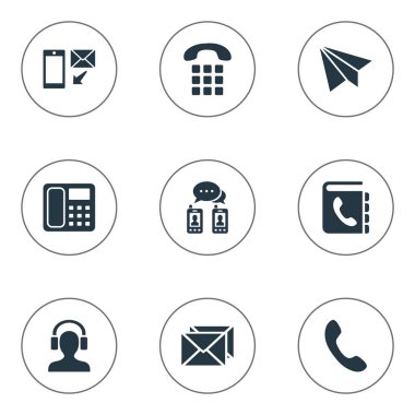 Vektör çizim basit iletişim simgeler kümesi. Deftere nakil, telefon rehberi, telefon santral ve diğer eş anlamlı gelen öğeleri zarf ve e-posta.