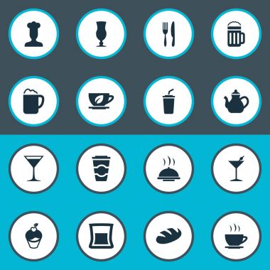 Vektör çizim basit gıda simgeler kümesi. Öğeleri yemek tepsisi, Pub, ekmek ve diğer eş anlamlı tost, yaprak ve gereçler.