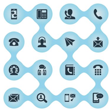 Vektör çizim basit iletişim simgeler kümesi. Öğeleri uçak, konuşan insan, telefon santral ve diğer eş kariyer, giden ve kulaklık.