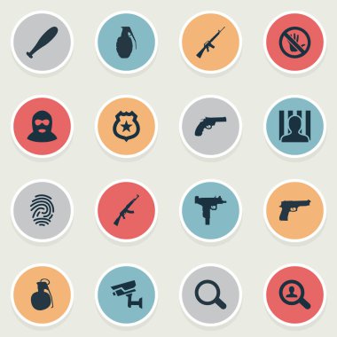 Vektör çizim basit suç simgeler kümesi. Öğeleri şiddet, kontrol sistemi, tabanca ve diğer eş durdurmak, suç ve hücre.