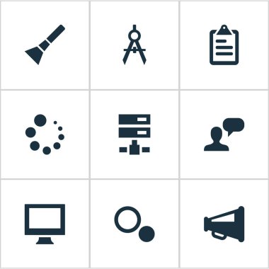 Vektör çizim basit kullanıcı arabirimini simgeler kümesi. Öğeleri görüntüleme, yükleme, Blueprint ve diğer eş anlamlı Gadget liste ve el feneri.