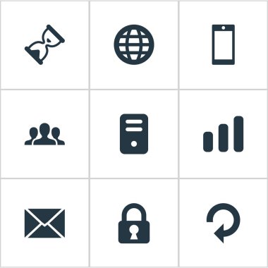 Vektör çizim basit bir uygulama simgeler kümesi. Öğeleri kum zamanlayıcı, Web, bilgisayar durumda eş anlamlı Globe, işbirliği ve kum saati.