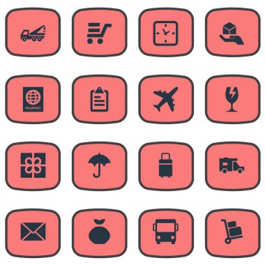 Vektör çizim basit teslim simgeler kümesi. Öğeleri zarf, Pano, tahliye araç ve diğer eş anlamlı sepeti, kimlik ve torba.