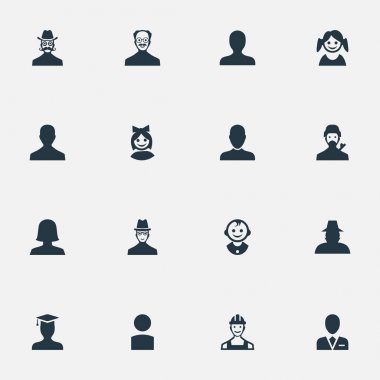 Vektör çizim basit Avatar simgeler kümesi. Öğeleri Ajan, iş adamı, kız yüz ve diğer eş anlamlı gizemli, çocuk ve erkek.