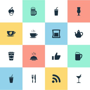 Vektör çizim basit içecek simgeler kümesi. Öğeleri kablosuz bağlantı, güler yüzlü, yemek tepsisi ve döşeme diğer eş, hangi tarihlerde ve kablosuz.