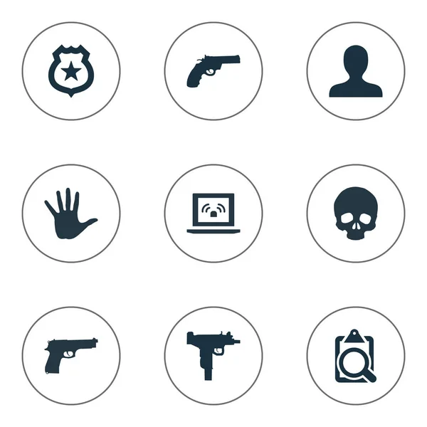 Vektor Illustration uppsättning enkla brott ikoner. Element Person, Pistol, vapen och andra synonymer fil, Gun och fara. — Stock vektor